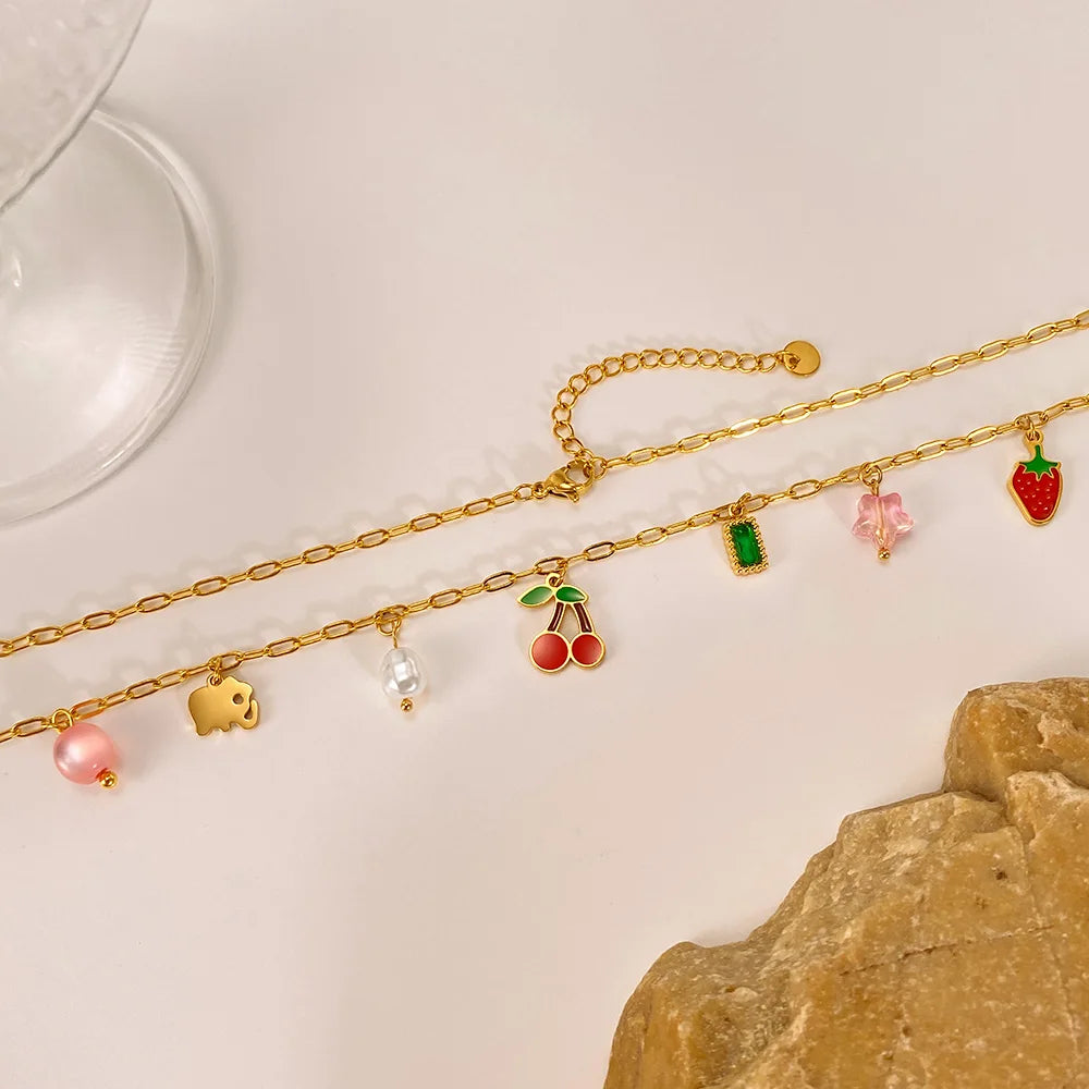 Trendy Cherry Pendant Necklace for Women – Stainless Steel Multi-Charm Aesthetic Clavicle Chain