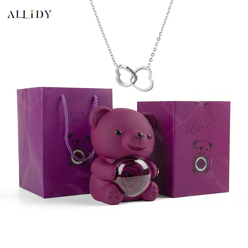 Rose Bear Gift Box with Personalized Custom Necklace For Girlfriend Women Valentine's Day gift Mother's Day Birthday Set
