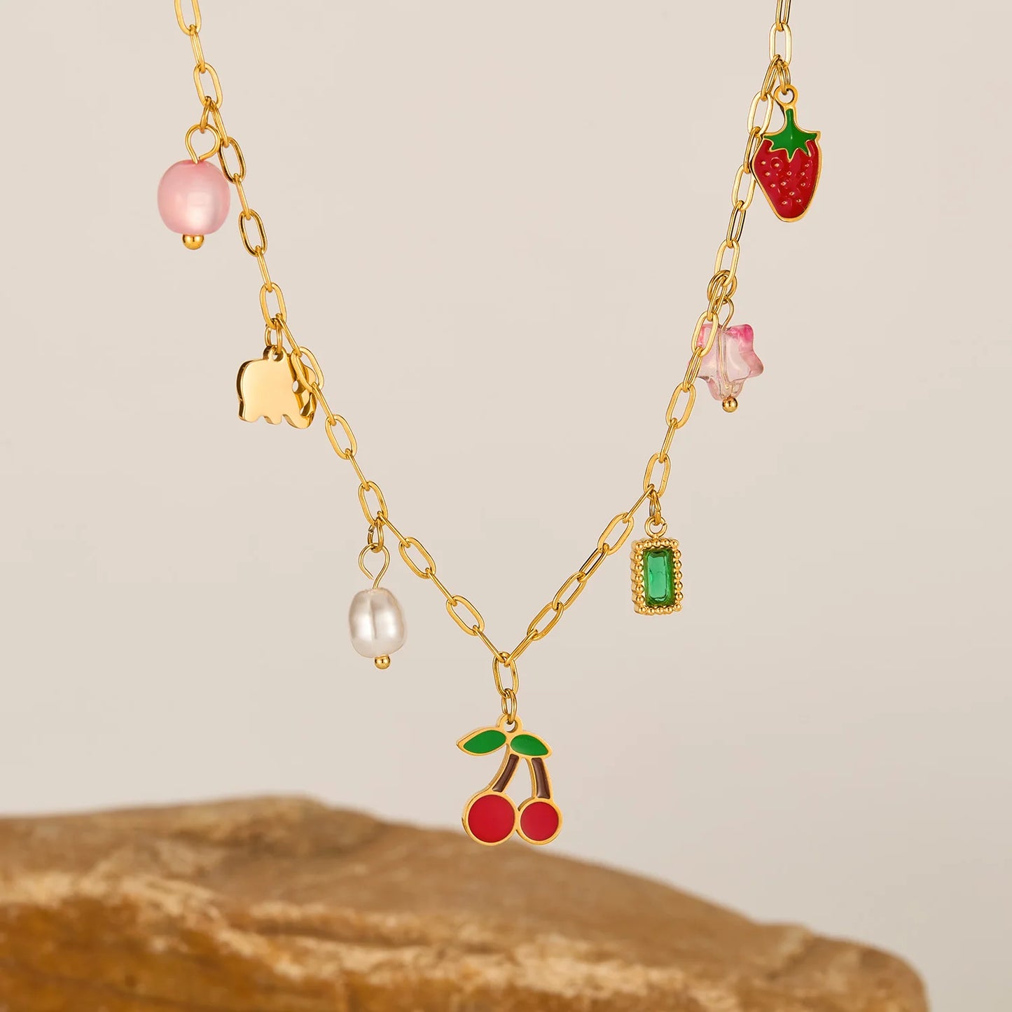 Trendy Cherry Pendant Necklace for Women – Stainless Steel Multi-Charm Aesthetic Clavicle Chain