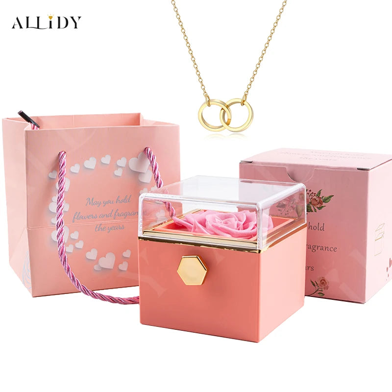 2025 New Valentine Eternal Rose Jewelry Ring Box Rotate Wedding Pendant Necklace Storage Case for Women Girlfriend
