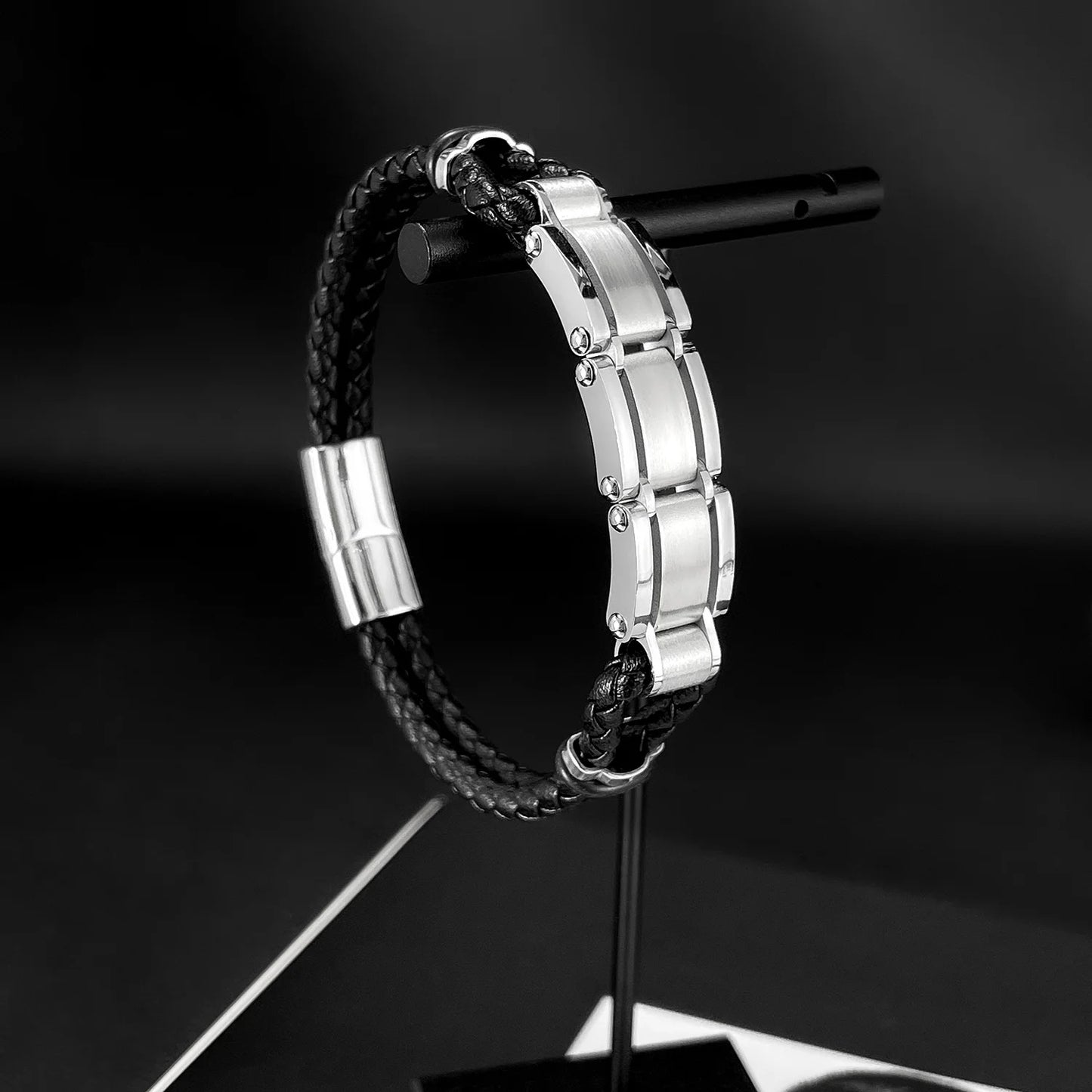 Men’s Biker Chain Leather Bracelet – Double Layer Braided Wristband with Creative Stainless Steel Design, Hip Hop Style