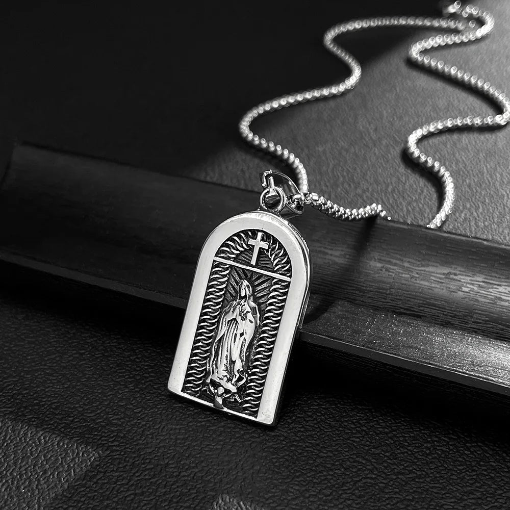 Men’s Retro Punk Cross & Geometric Block Pendant Necklace – Stainless Steel Titanium Hip Hop Jewelry