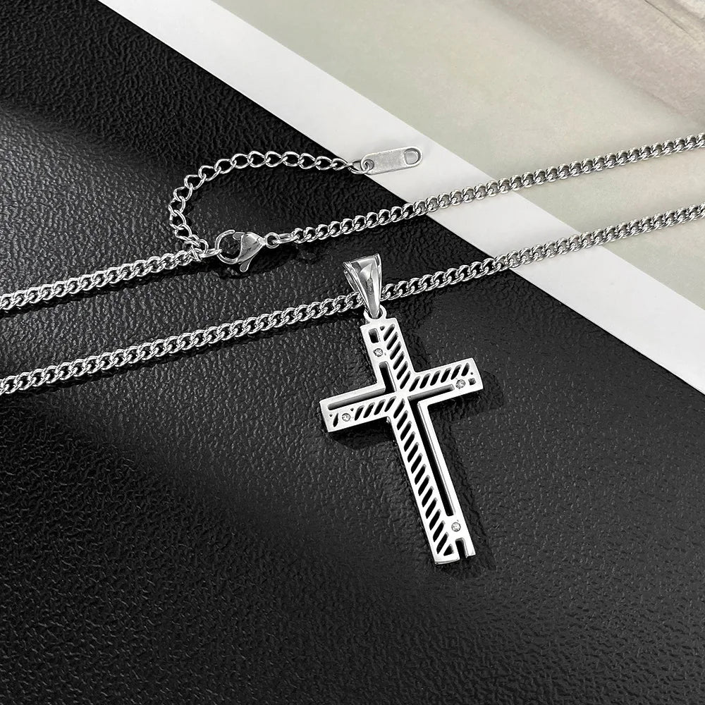Men’s Hollow Cross Pendant Necklace – Modern Stainless Steel Religious-Inspired Jewelry