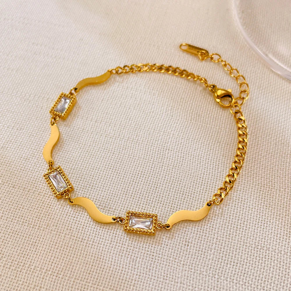 French Style Minimalist Blue Crystal Bracelet – Square Glass Zircon Charm Women’s Stainless Steel Gold-Plated Chain Jewelry