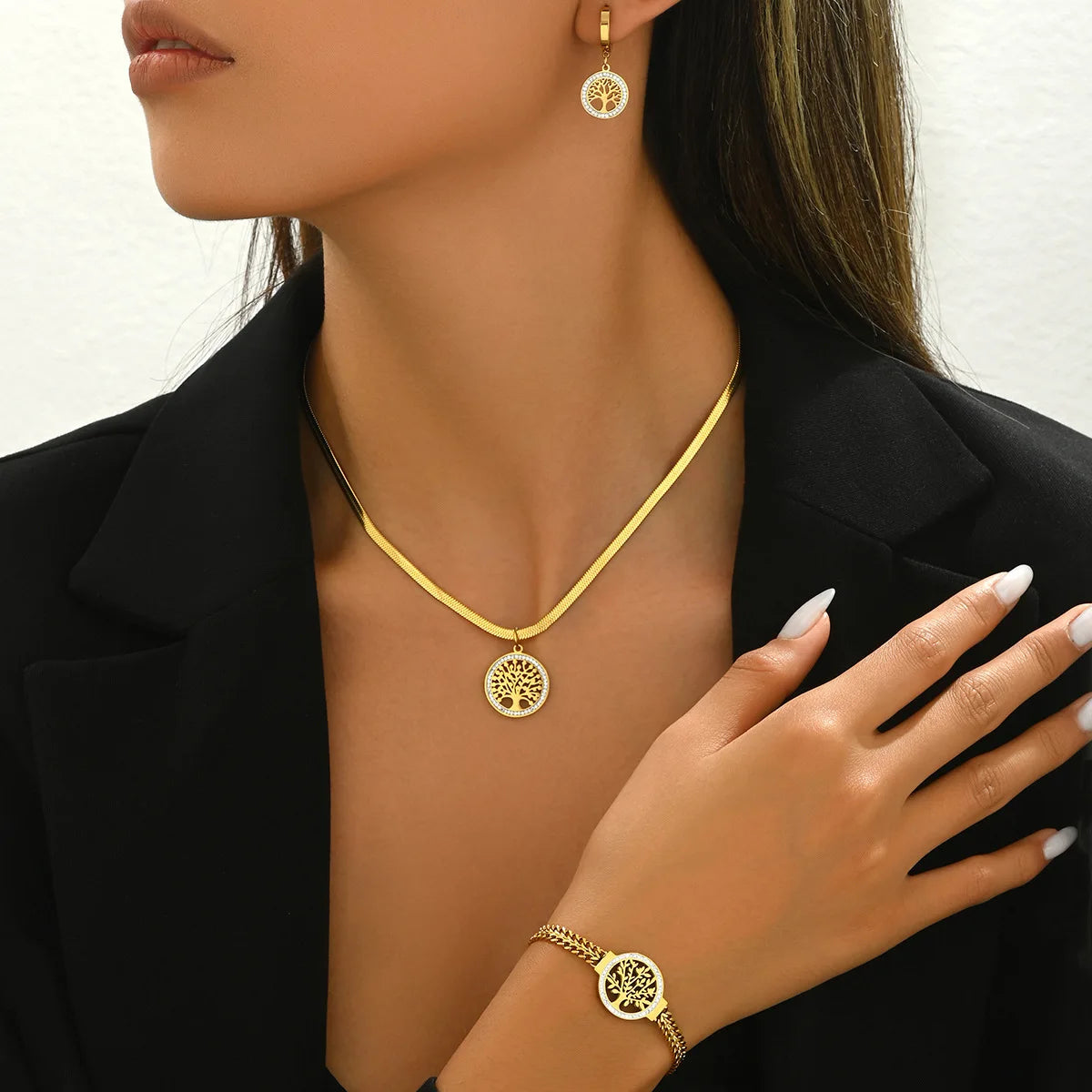 Vintage Fashion Life Tree Pendant Necklace Hollow Zircon Stainless Steel Necklace Bracelet Earrings Jewelry Set Women's