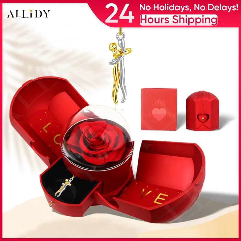 Couple Gift Set – Stainless Steel Hug Necklace, Real Preserved Rose in Drawer Jewelry Box – Romantic Holiday Gift for Him & Her