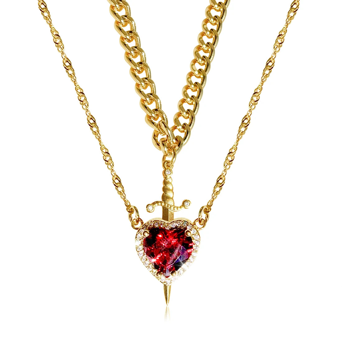 2PC Gothic Punk One Arrow Through The Heart Creative Two Color Couple Necklace Red Rhinestone Heart Dagger Necklace Friend Gift