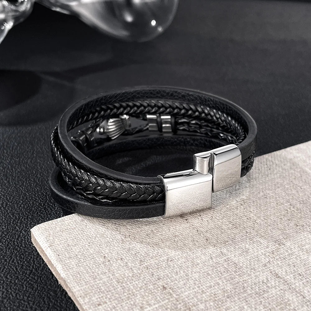Men’s Punk Style Leather Bracelet – Multi-Layer Braided Wristband with Stainless & Titanium Steel, Bold Fashion Design