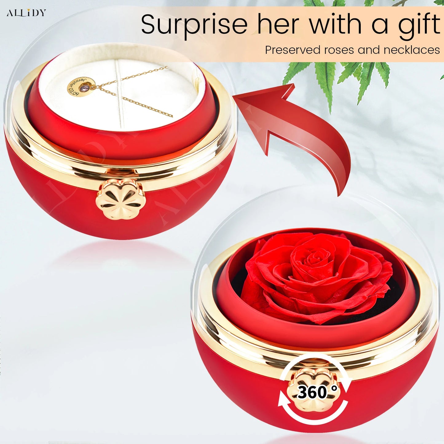 Stainless Steel Personalized Engraved Round Birthday Stone Pendant Necklace with Preserved Rose in Rotating Flower Gift Box