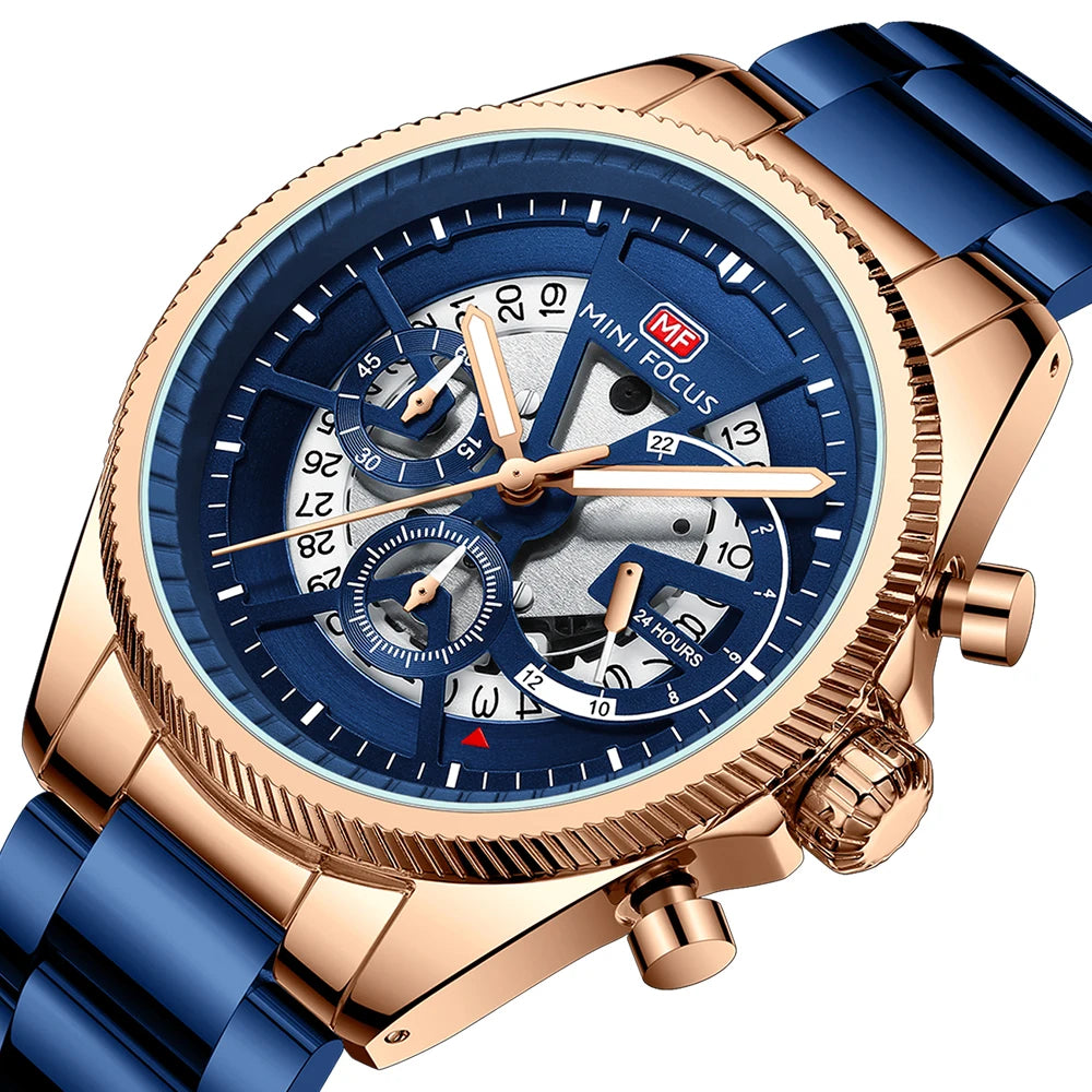 MINIFOCUS Men’s Skeleton-Style Quartz Watch Multifunction Waterproof Stainless Steel Business Sport Wristwatch Father’s Day Gift
