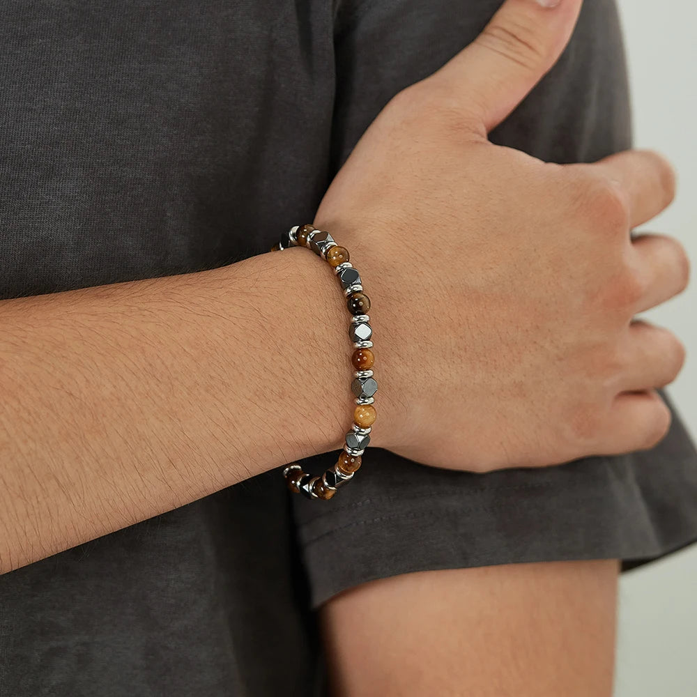 Men’s Tiger Eye & Black Onyx Beaded Bracelet – Stainless Steel Fashion Jewelry with Unique Design