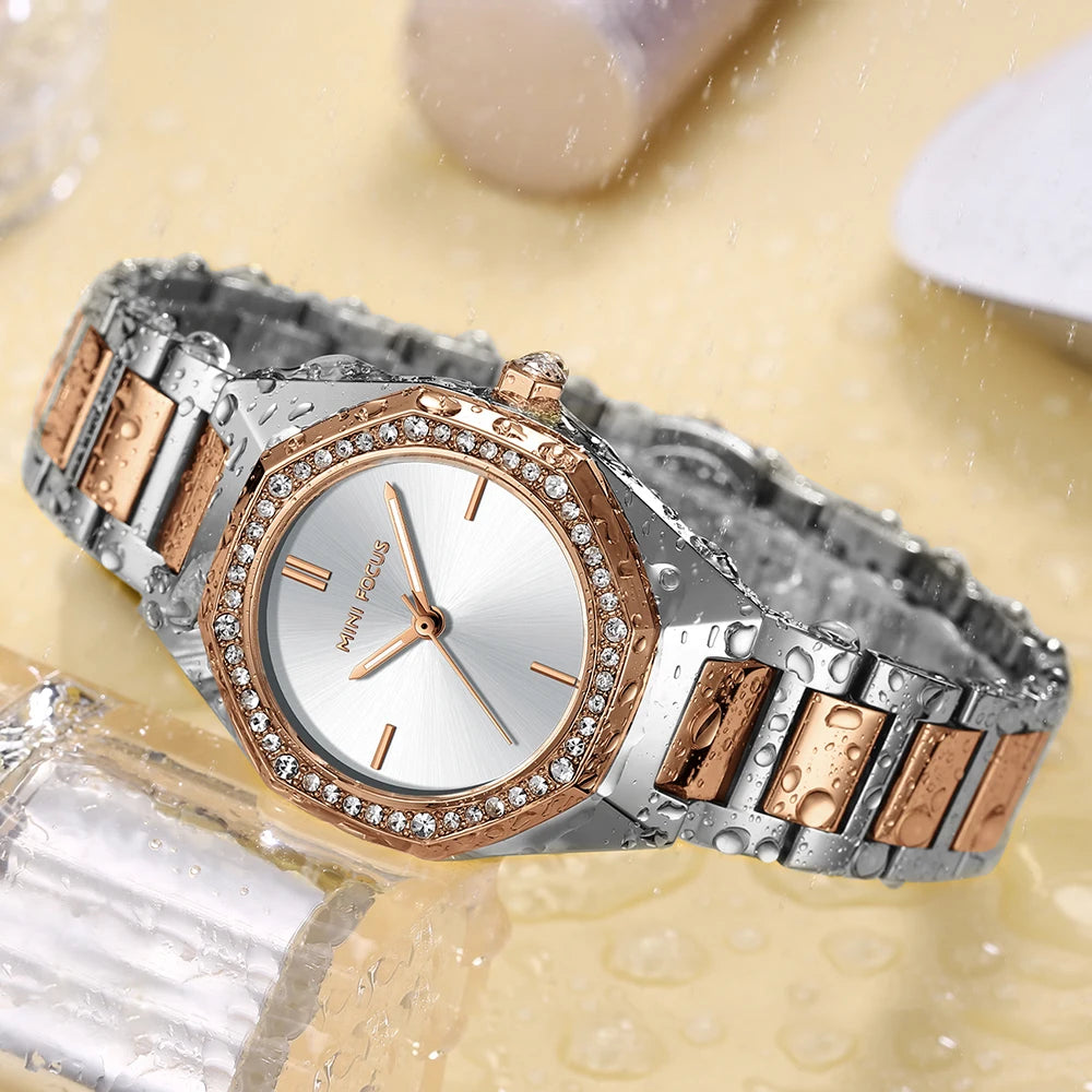 MINIFOCUS Women's Elegant Diamond Accented Octagon Quartz Watch Waterproof Stainless Band Luxury Fashion Watch Gift for Her