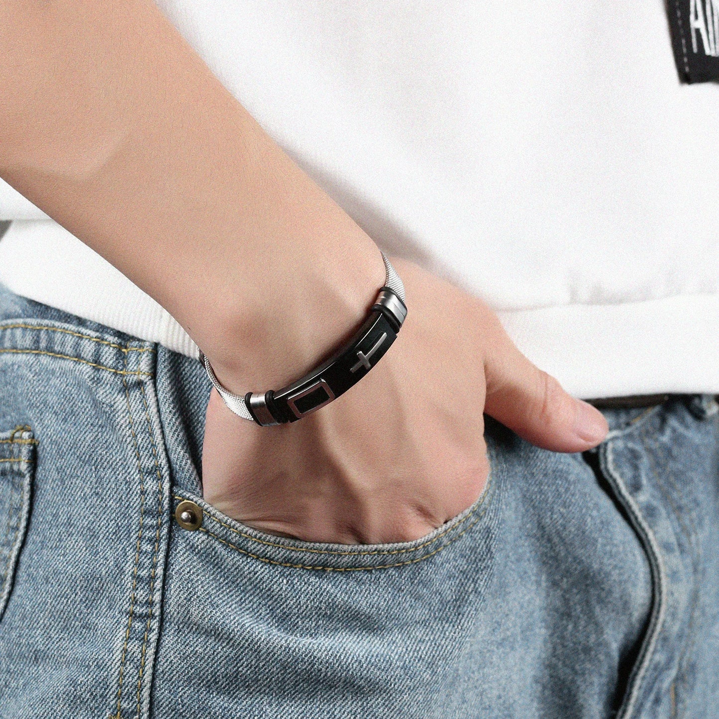 Menโs Vintage Punk Cross Bracelet โ Titanium Steel Mesh Band Wristband, Gothic Fashion Jewelry