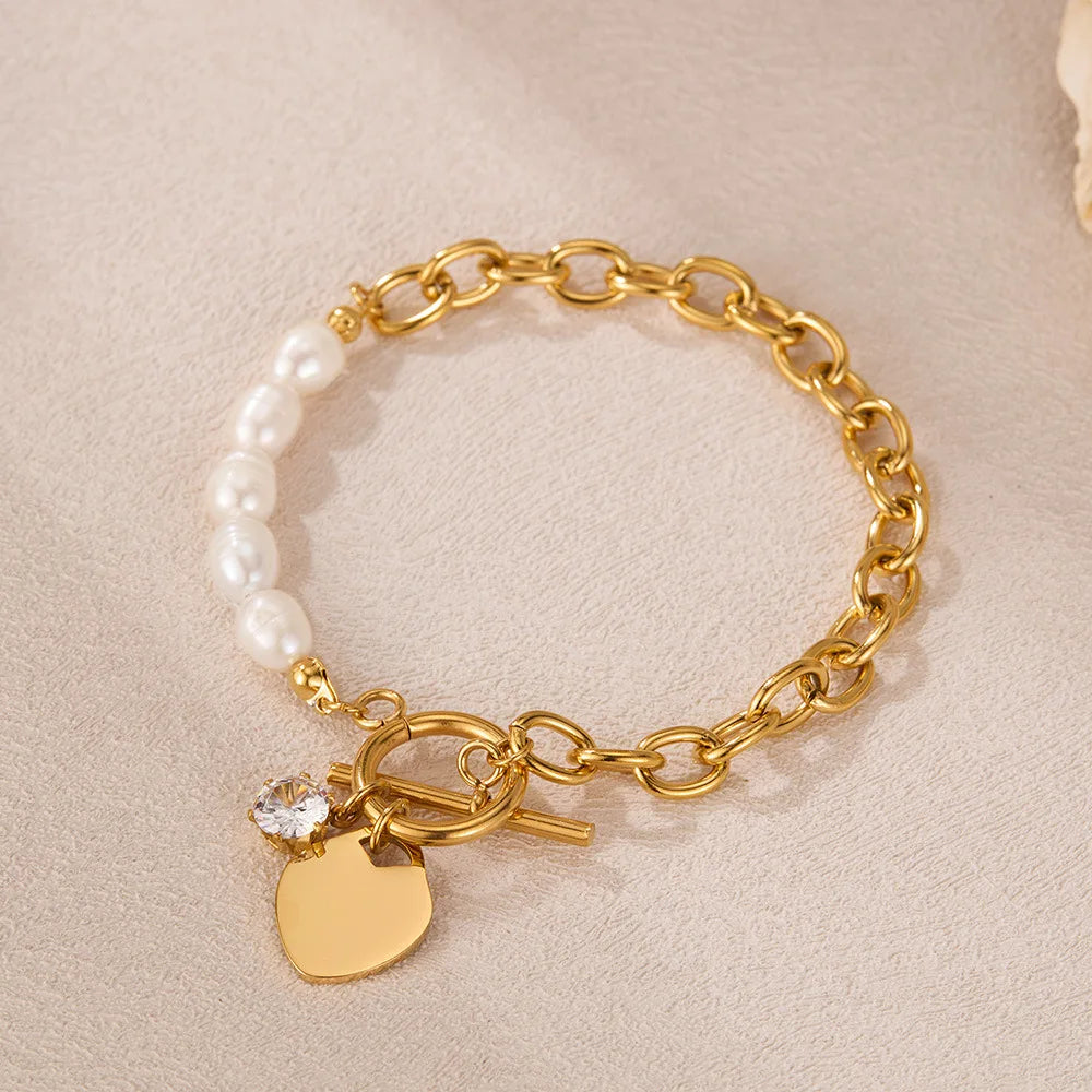 Elegant Women's Stainless Steel Bracelet with Freshwater Pearls and Heart Zircon – INS Style Titanium Jewelry