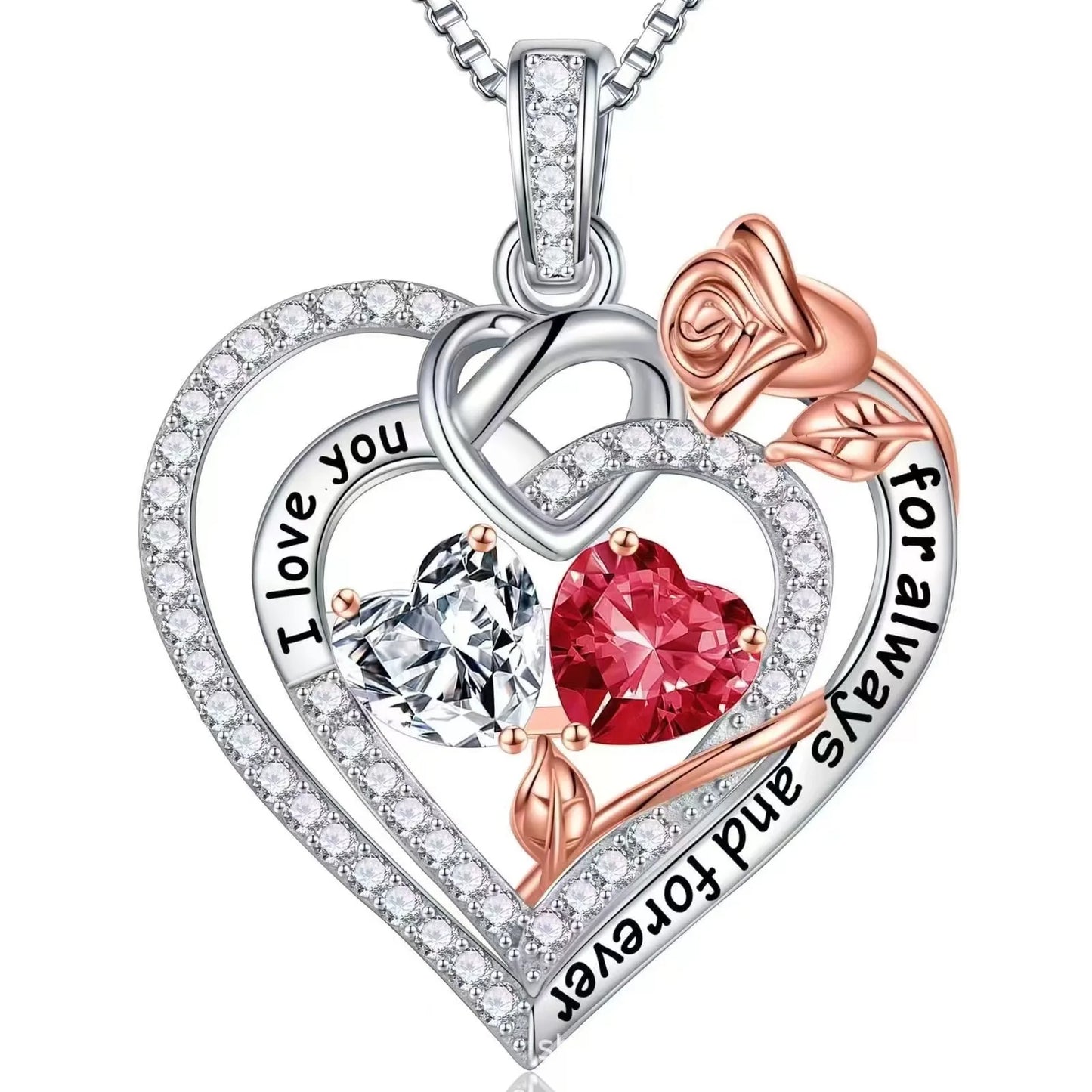 Rose Heart-Shaped Diamond-Inlaid Necklace for Women – Fashion Clavicle Chain with Eternal Preserved Rose Gift Box