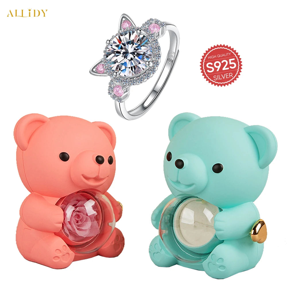 S925 Silver Fashion Cute Pink Cat Zircon Ring with Rose Bear Gift Box Jewelry Set Marriage Proposal Gift for Girlfriend