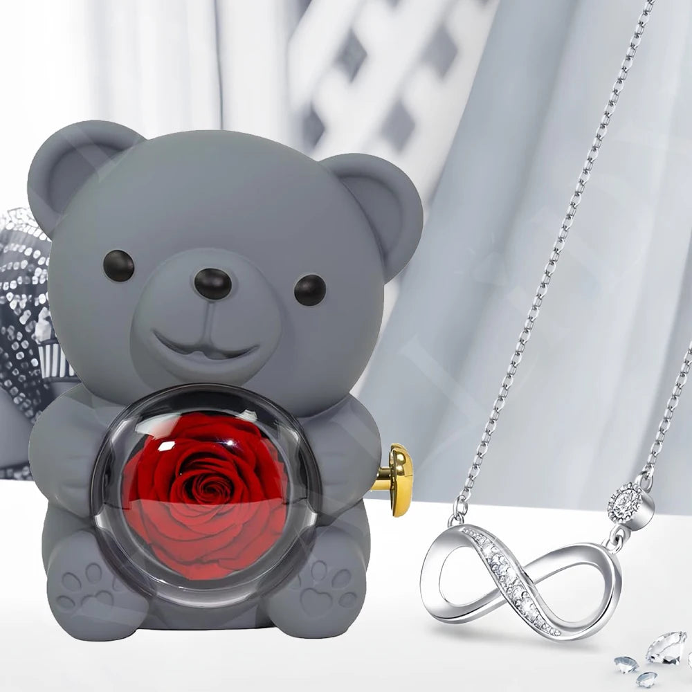 2025 Mother's Day Gifts Idea 8-Character Infinite Love Necklace Real Rose Teddy Bear Jewelry Storage Gift Box for Wife Mom Women