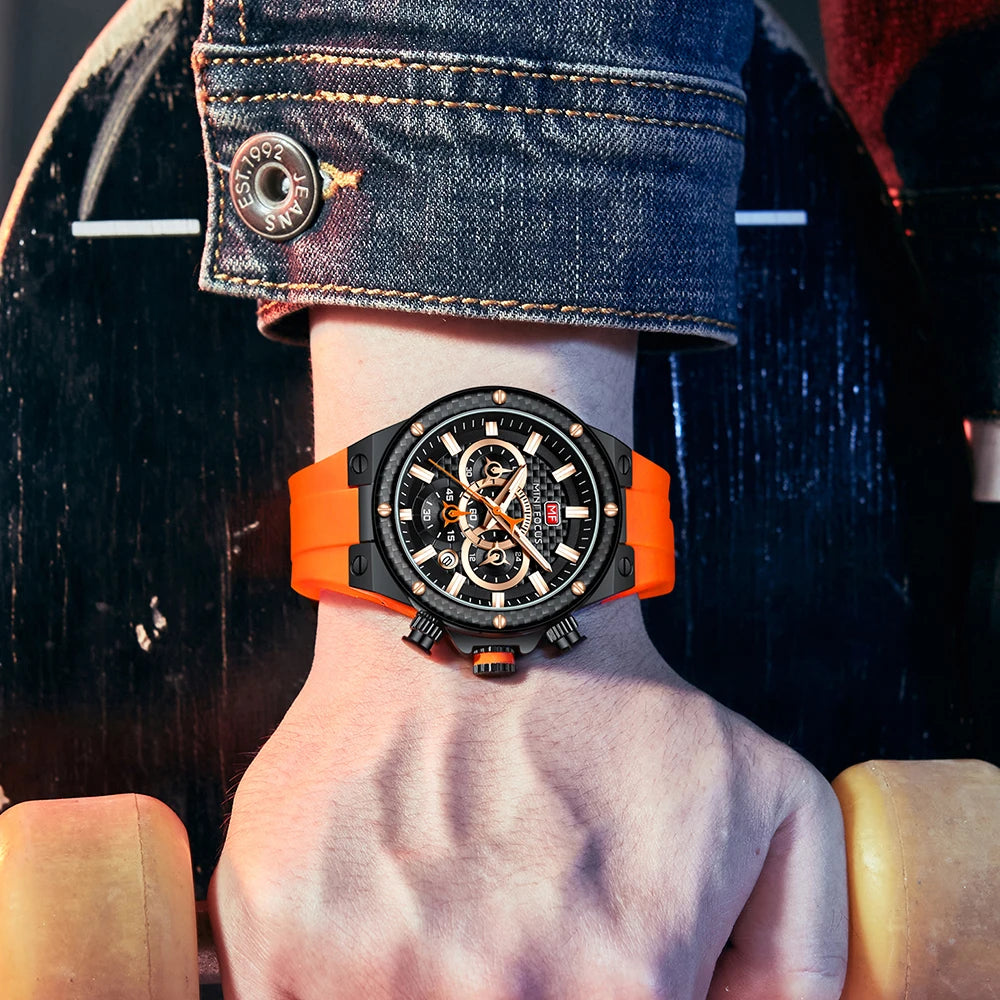 MINIFOCUS Men’s Sports Quartz Watch – Waterproof Chronograph Carbon Fiber Bezel Luminous Hands Multifunction Outdoor Timepiece