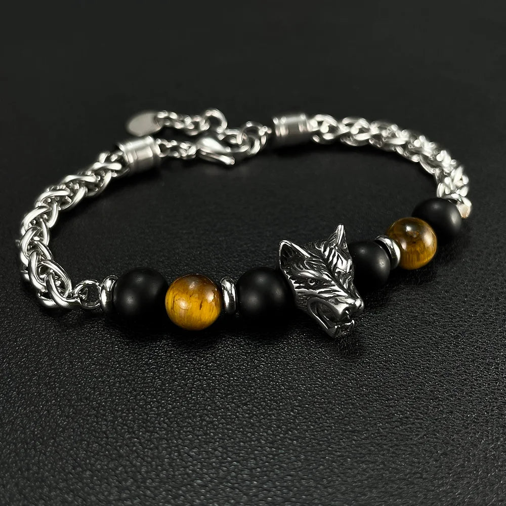 Men’s Stainless Steel Bracelet – Cross Chain with Skull / Wolf / Leopard Head & Tiger Eye Beads, Vintage Style