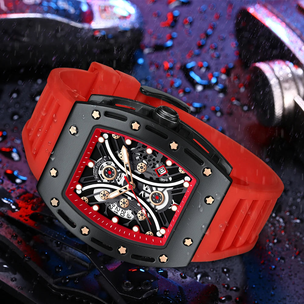 MINIFOCUS Men’s Hot Barrel‑Shaped Sport Watch Curved Glass Skeleton Dial Automatic Luminous Waterproof Watch Gift for Boyfriend