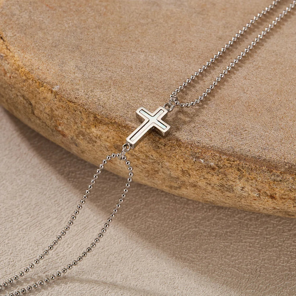 Minimalist Double Layer Cross Stainless Steel Bracelet for Women – Stylish Beaded Chain Jewelry