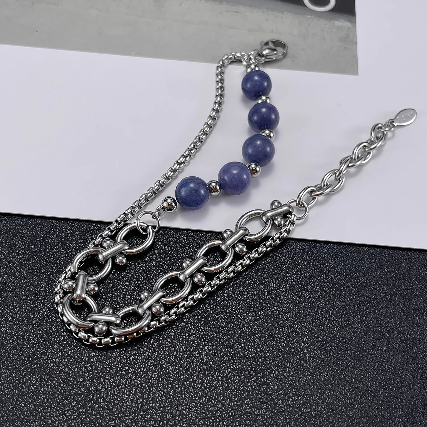 Unisex Double-Layer Chain Bracelet – Stainless Steel with Aventurine Stone, Niche Fashion Design for Men and Women