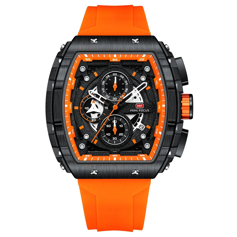 MINIFOCUS Luxury Men's Sports Watch Barrel Curved Glass Waterproof Luminous Automatic Analog Watch for Outdoor & Business