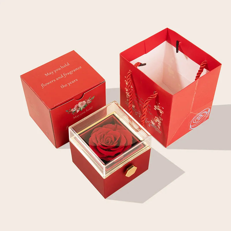 2025 New Valentine Eternal Rose Jewelry Ring Box Rotate Wedding Pendant Necklace Storage Case for Women Girlfriend