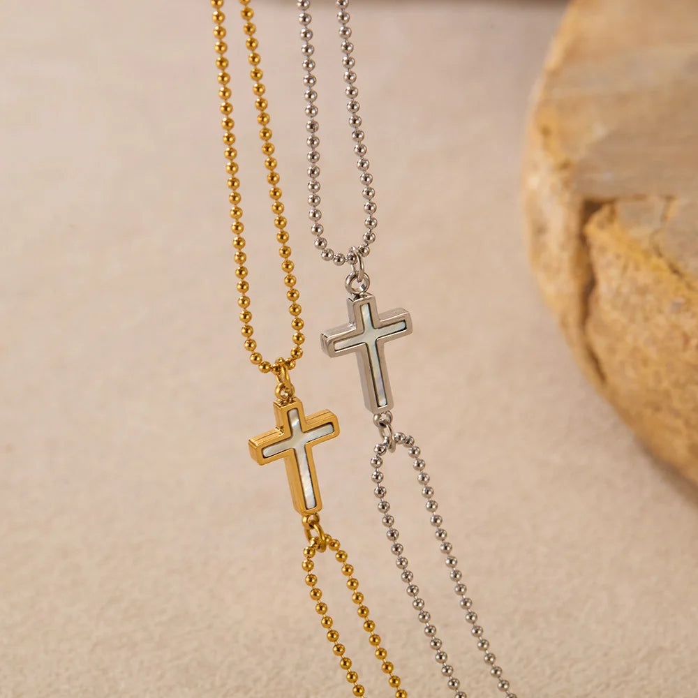 Minimalist Double Layer Cross Stainless Steel Bracelet for Women – Stylish Beaded Chain Jewelry