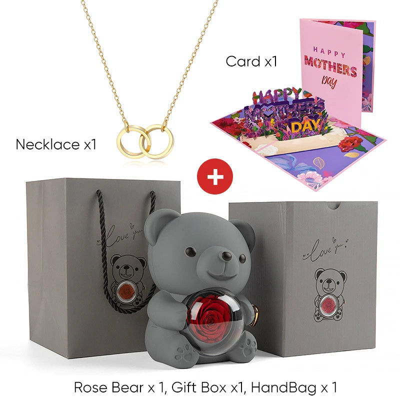Mother's Day Gift Set Personalized Custom Necklace & Eternal Rose Teddy Bear and Beautiful Card Unique Jewelry Gift for Mom