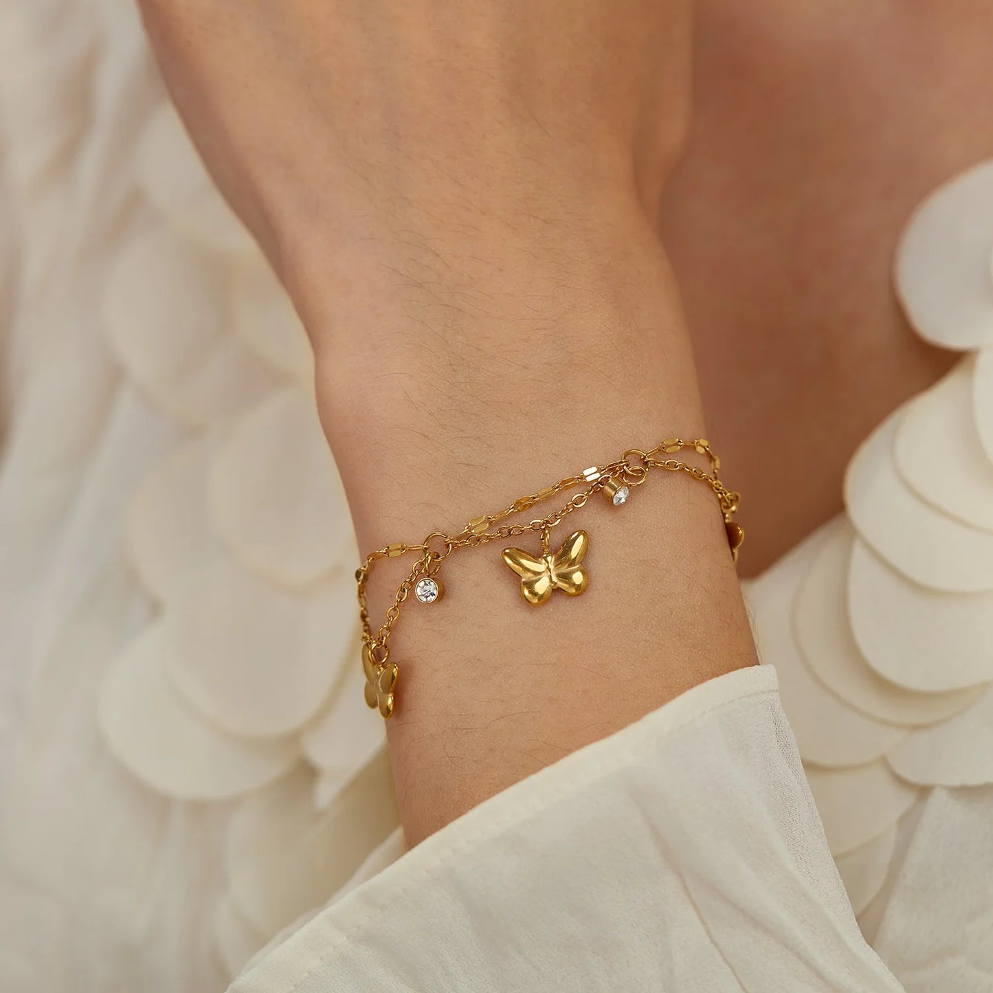 Elegant Double-Layer Butterfly Bracelet for Women – Stainless Steel Zircon Inlaid Fashion Jewelry