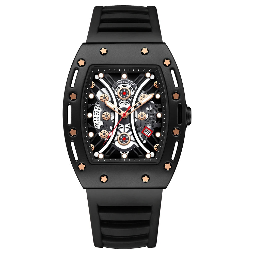 MINIFOCUS Men’s Hot Barrel‑Shaped Sport Watch Curved Glass Skeleton Dial Automatic Luminous Waterproof Watch Gift for Boyfriend