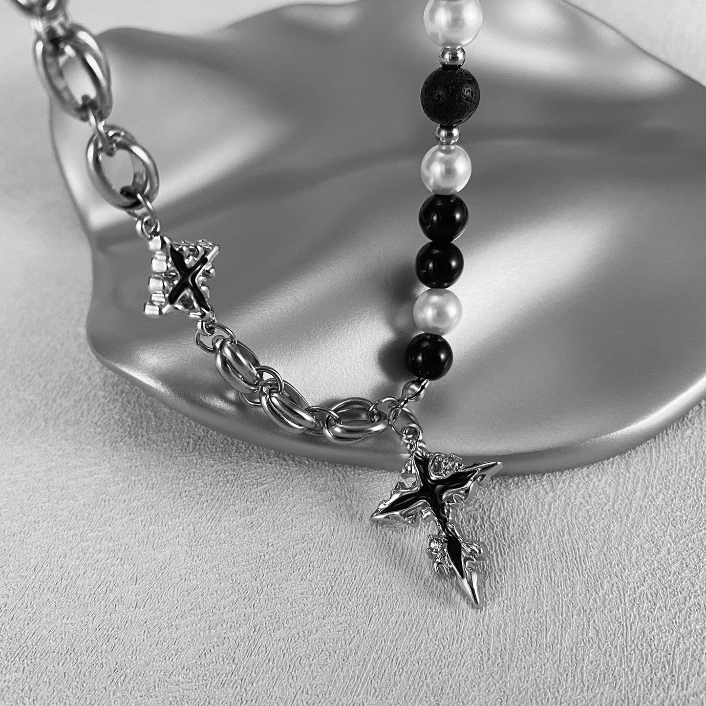 Unisex Cross Pendant Necklace – Stainless Steel with Volcanic Stone & Pearl Beads, Hip Hop Street Style