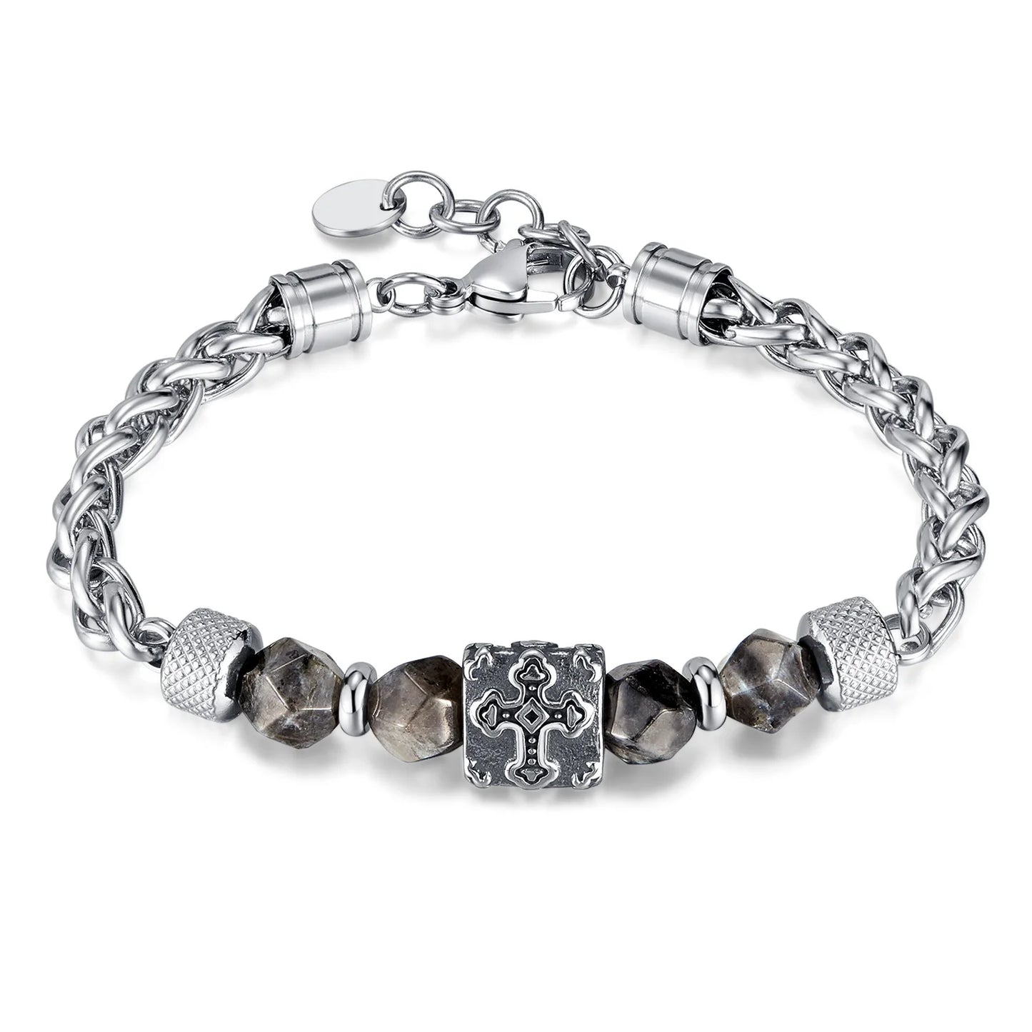 Men’s Stainless Steel Bracelet – Cross Chain with Skull / Wolf / Leopard Head & Tiger Eye Beads, Vintage Style