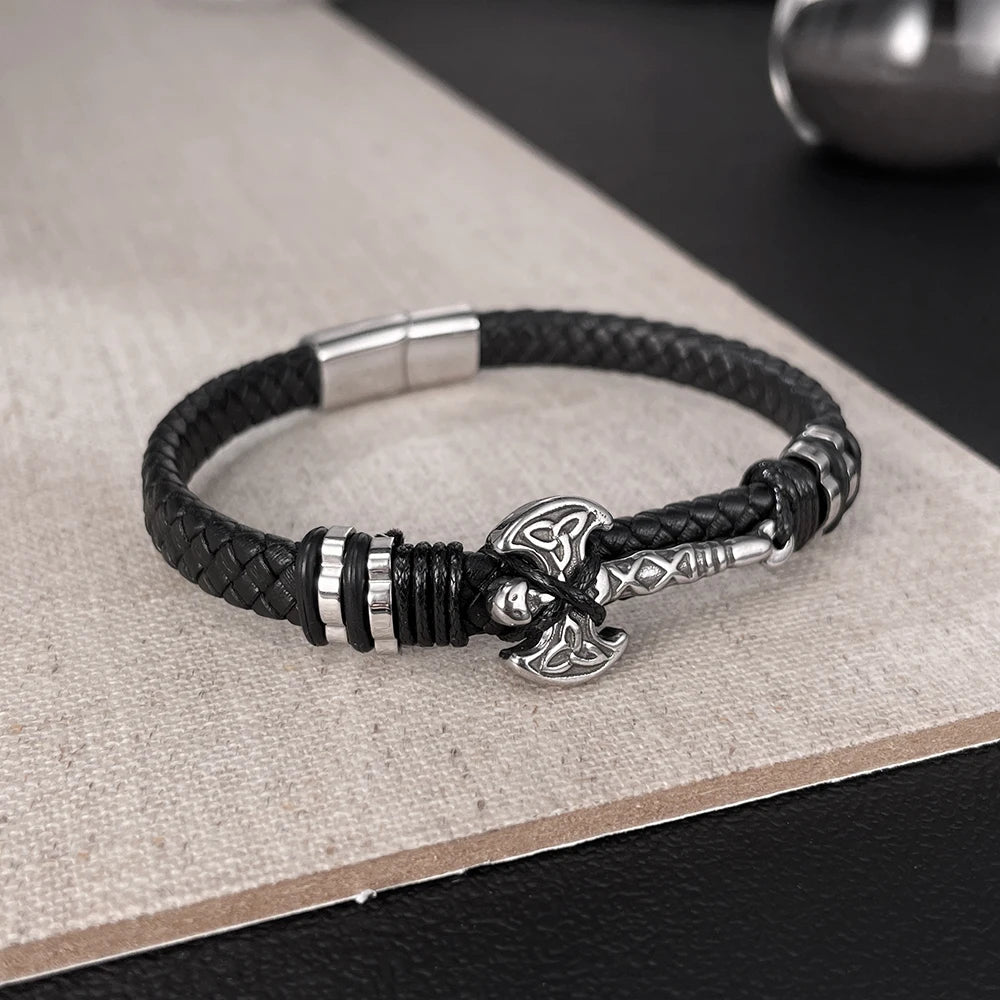 Men’s Axe Pendant Leather Bracelet – Braided Leather Wristband with Stainless & Titanium Steel, Bold Urban Style