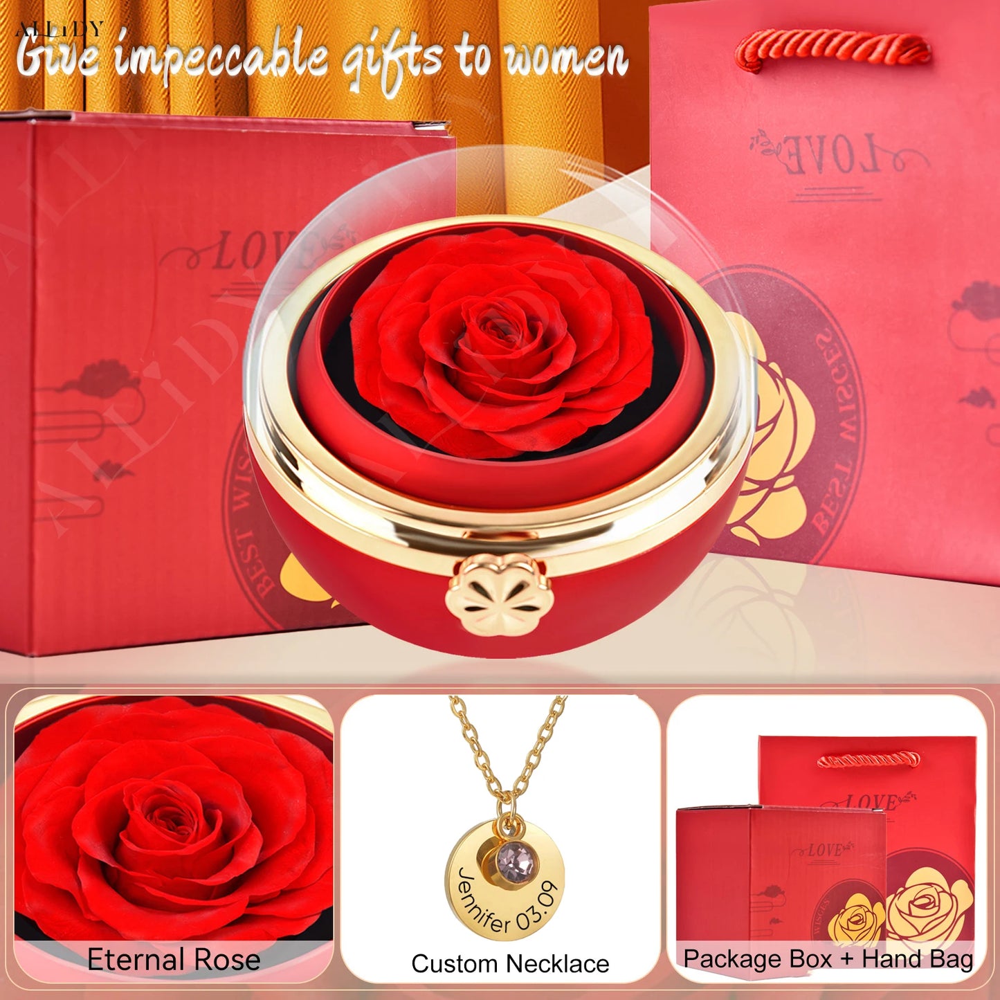Stainless Steel Personalized Engraved Round Birthday Stone Pendant Necklace with Preserved Rose in Rotating Flower Gift Box