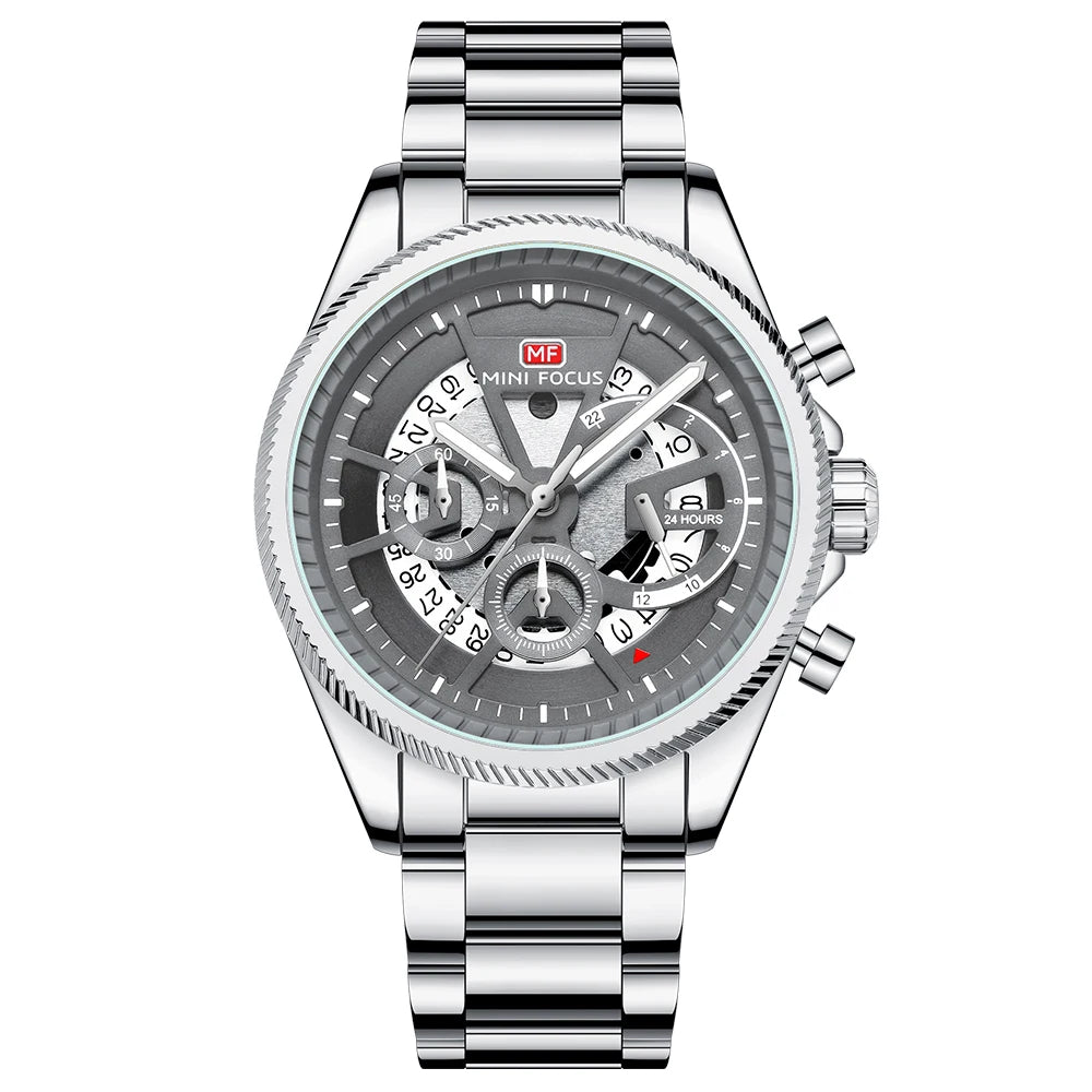 MINIFOCUS Men’s Skeleton-Style Quartz Watch Multifunction Waterproof Stainless Steel Business Sport Wristwatch Father’s Day Gift