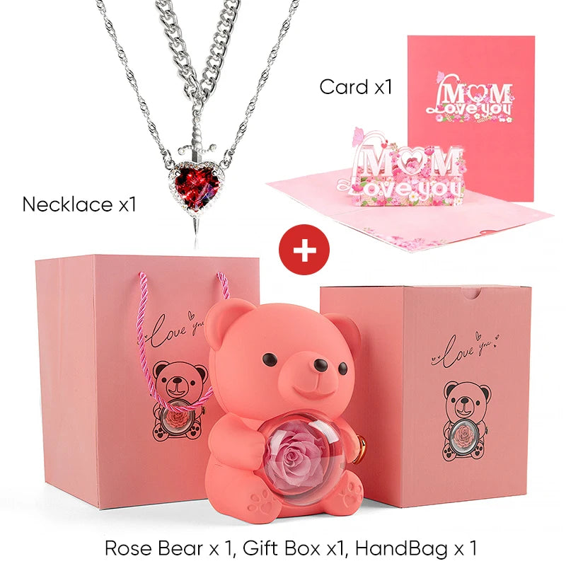 Mother's Day 3D Card Red Zircon Heart and Sword Necklace Double Necklace Real Rose Hug Bear Mothers Day Jewelry Gift Set for Mom