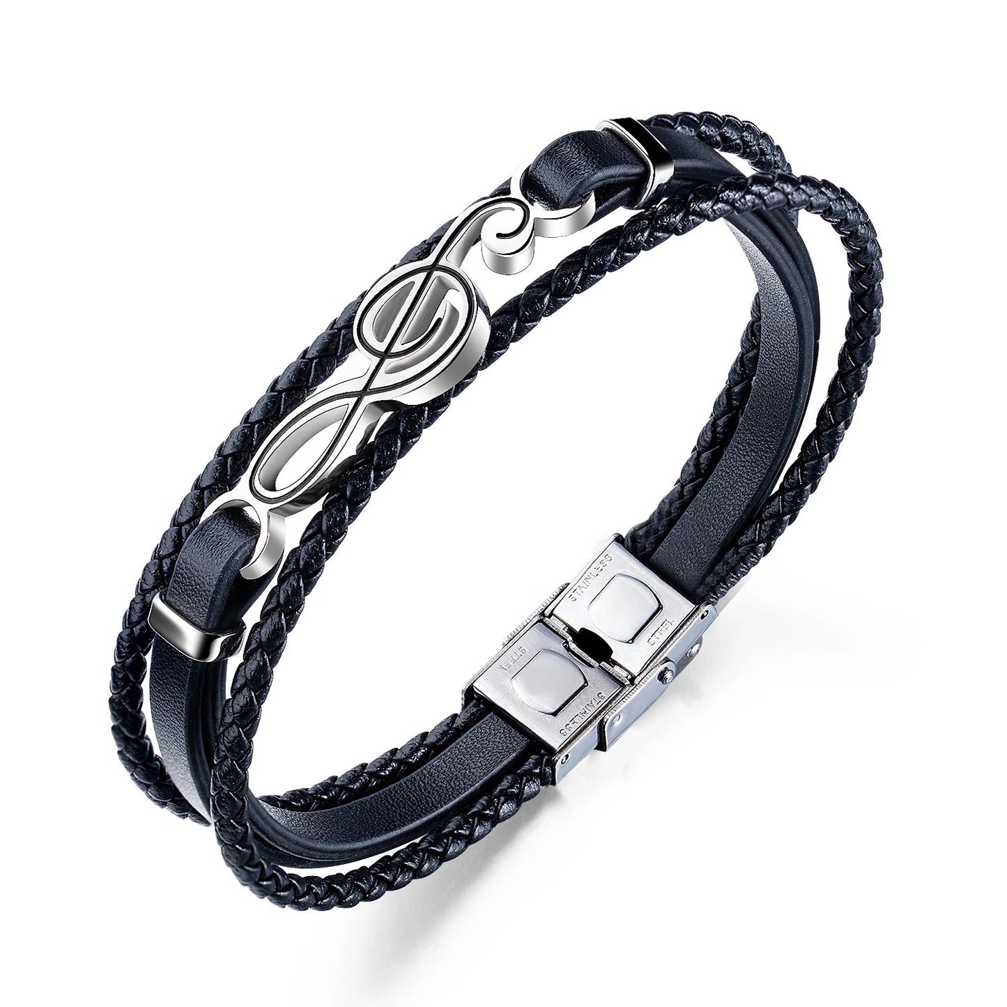 Men’s Music Note Leather Bracelet – Hip Hop Multi-Layer Braided Wristband, Trendy Punk Style Gift for Boyfriend