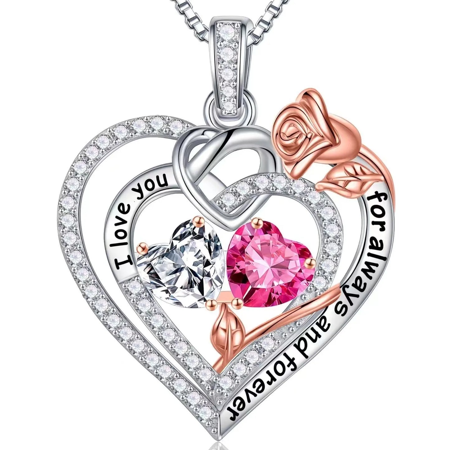 Rose Heart-Shaped Diamond-Inlaid Necklace for Women – Fashion Clavicle Chain with Eternal Preserved Rose Gift Box