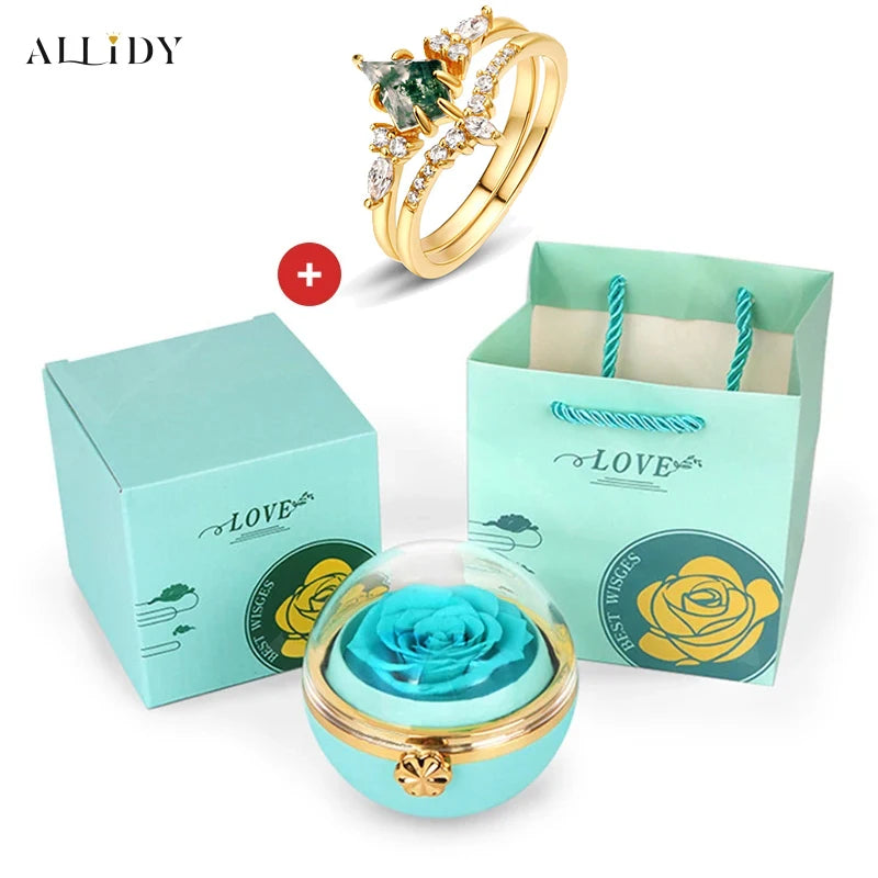 Creative Irregular Natural Green Moss Stone Aquatic Agate Retro Women's Two-Piece Ring With Real Eternal Rose Jewelry Box Set