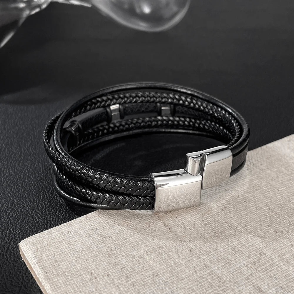 Men’s Multi-Layer Braided Leather Bracelet – Minimalist Stainless & Titanium Steel Wristband, Casual Versatile Style
