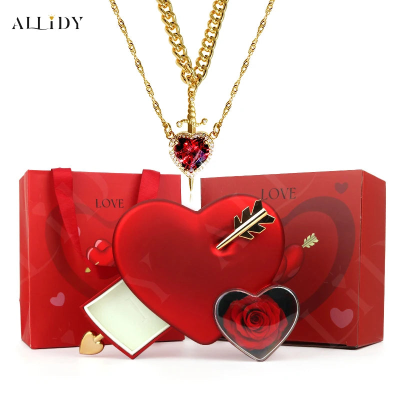 Gothic Romance Valentine's Day Necklace Red Crystal Love Dagger Necklace Couple Chain Pendant Punk Choker Rose Jewelry Gifts Box