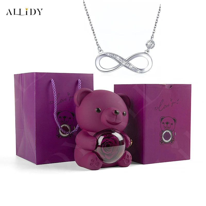2025 Mother's Day Gifts Idea 8-Character Infinite Love Necklace Real Rose Teddy Bear Jewelry Storage Gift Box for Wife Mom Women