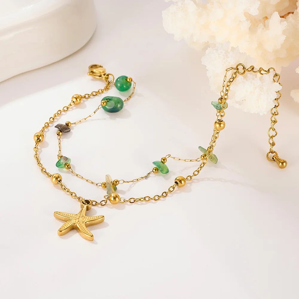 Boho Starfish Natural Stone Double Layer Bracelet for Women – Stainless Steel Minimalist Titanium Chain Jewelry