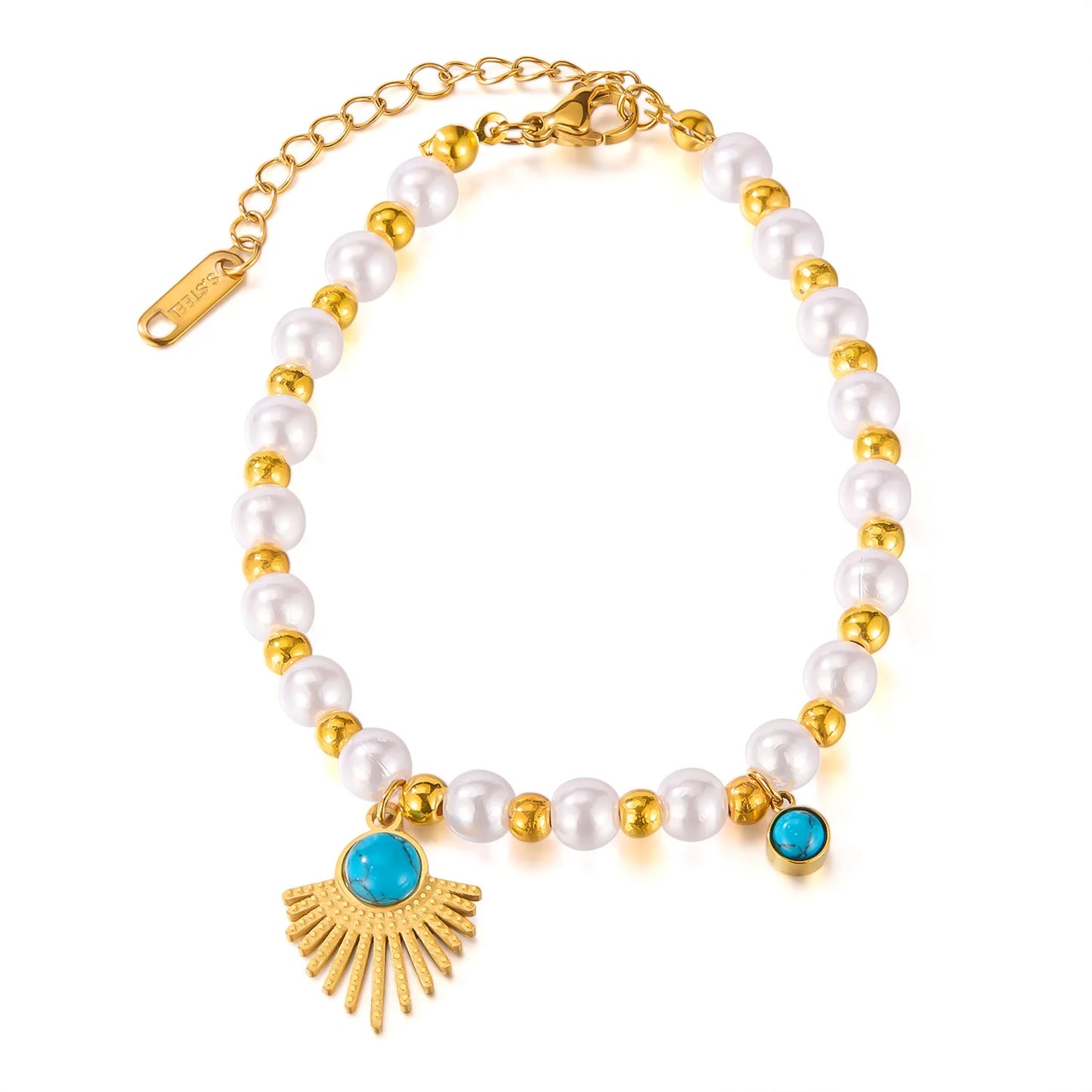 Vintage French Style Geometric Pearl Turquoise Bracelet – Creative Stainless Steel Chain Jewelry for Women