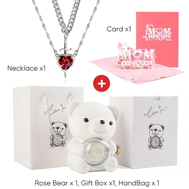 Mother's Day 3D Card Red Zircon Heart and Sword Necklace Double Necklace Real Rose Hug Bear Mothers Day Jewelry Gift Set for Mom