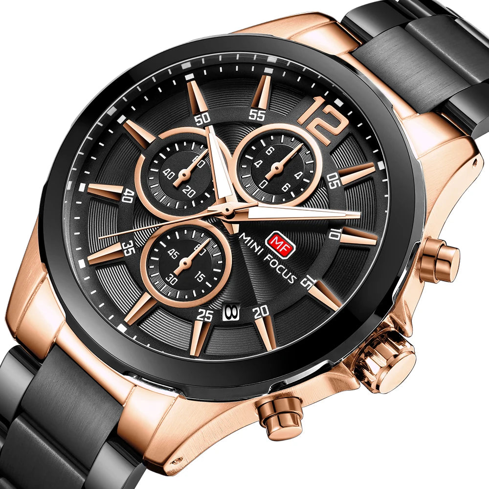 MINIFOCUS Men’s Luxury Automatic Mechanical Watch Six‑Hand Chronograph Date Luminous Waterproof Stainless Steel Band Business
