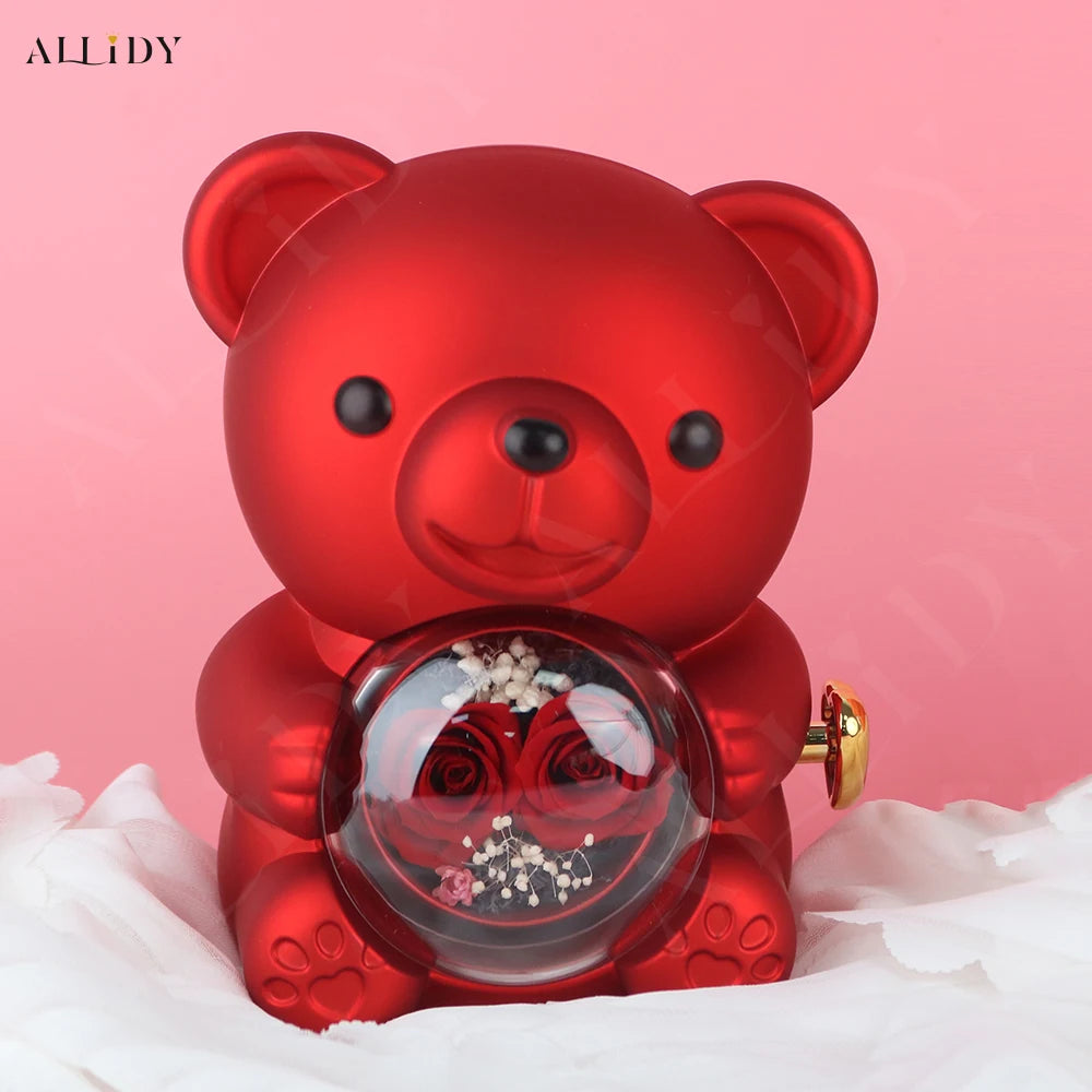 New Double Rose Eternal Rose Teddy Bear Jewelry Box with Custom Engraved Pendant Necklace – Perfect Valentine's Day Gift for Wom