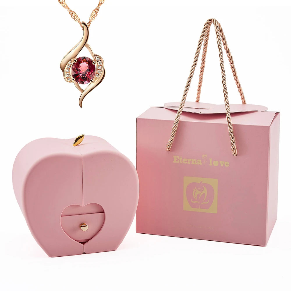 Creative Mother's Day Gift Set Eternal Rose Jewelry Box & Red Gemstone Stainless Steel Necklace Surprise Gift for Mom